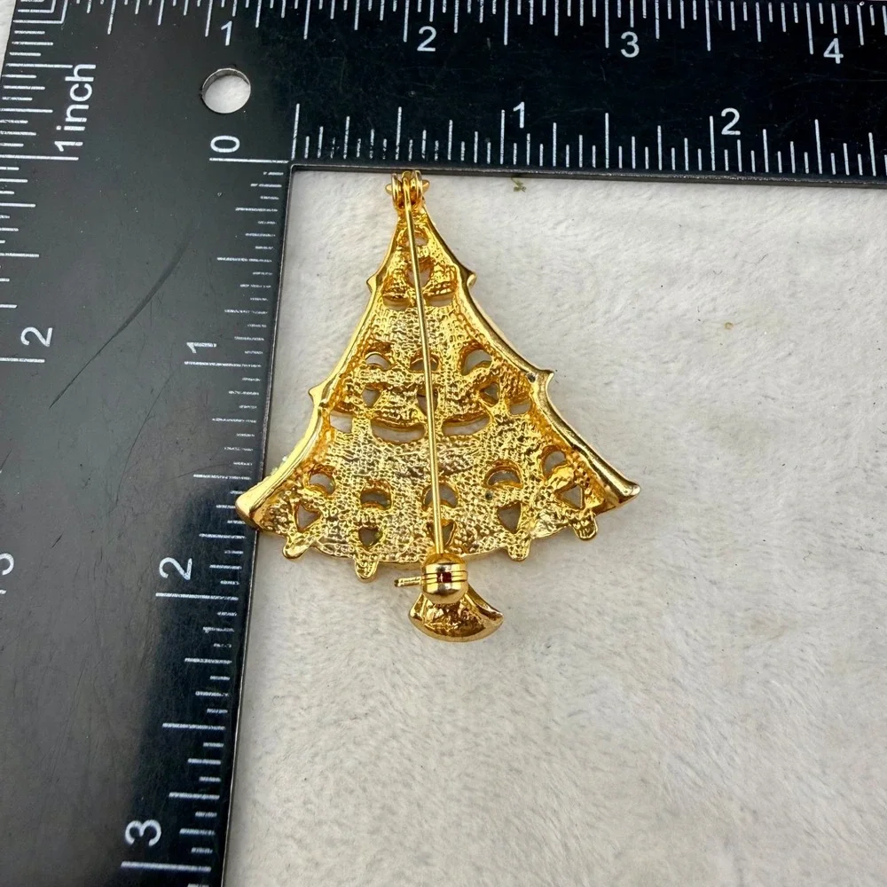 Vintage Christmas Tree Brooch Gold Tone Glitter Rhinestone
